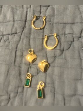Gold Hoop Earrings with Heart and Green Charm Set